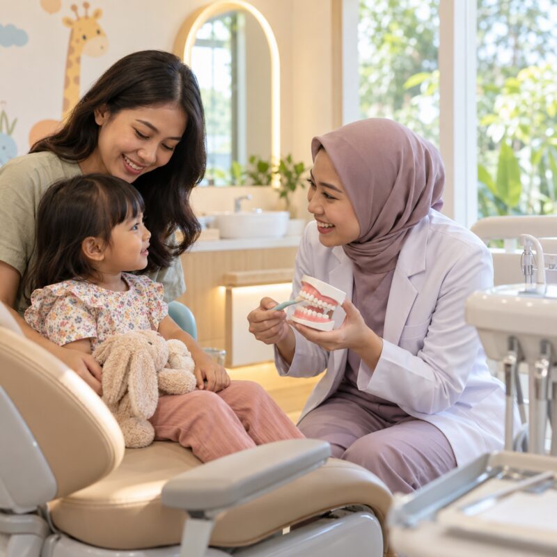 Orang tua mendampingi anak saat kunjungan pertama ke dokter gigi