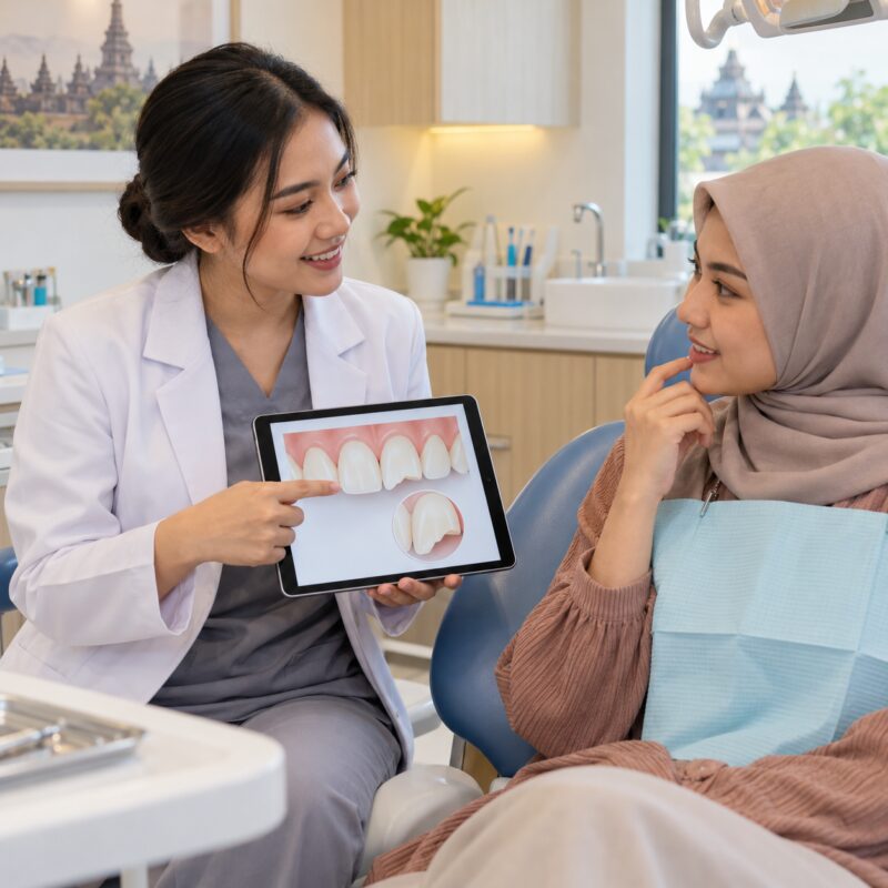 Konsultasi dokter gigi mengenai pilihan perawatan untuk gigi depan yang patah