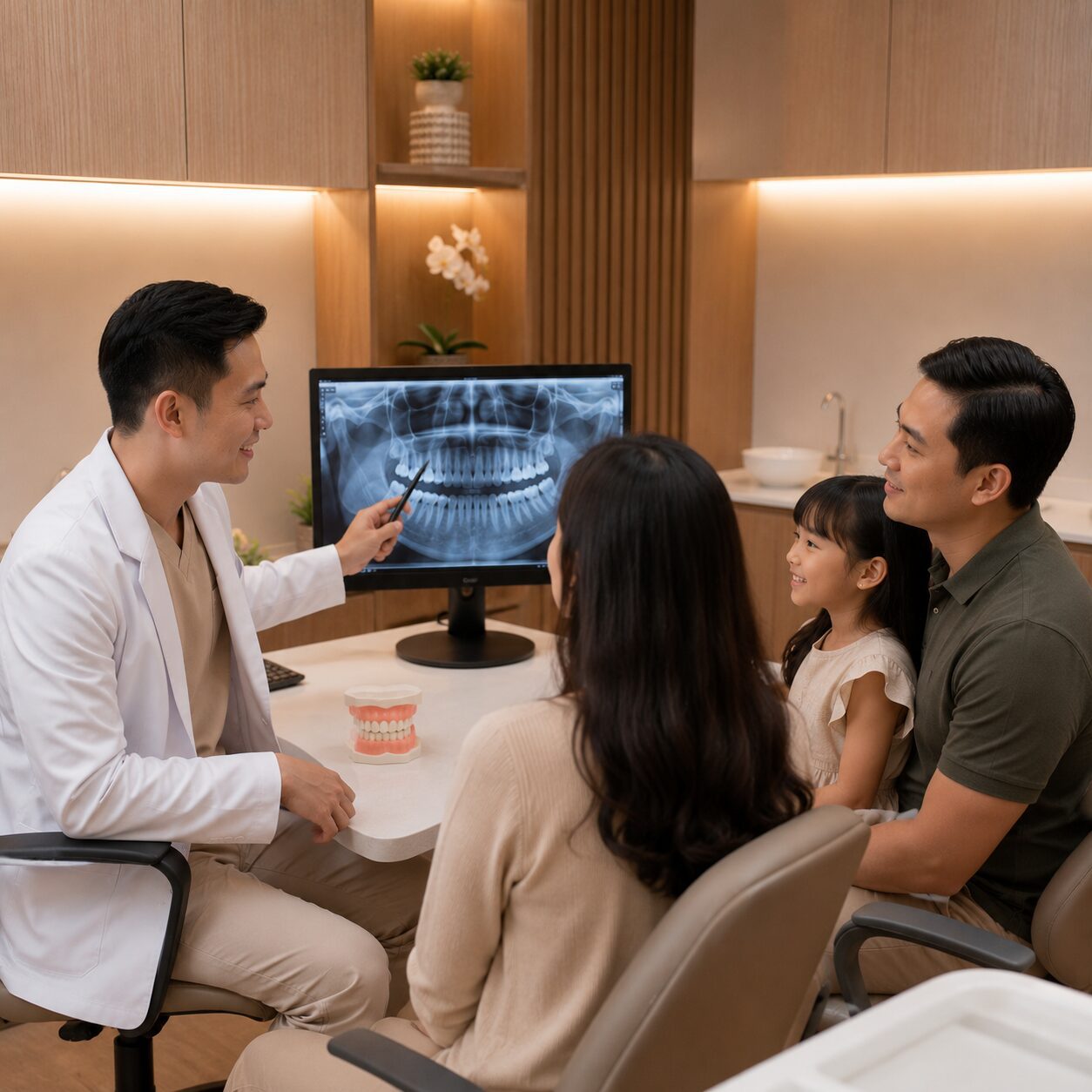 Dokter gigi anak memeriksa gigi anak
