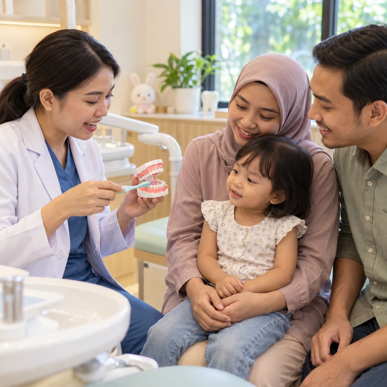 Dokter menjelaskan cara merawat gigi anak kepada orang tua